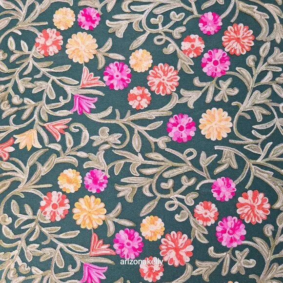 Green "Cashmere" Scarf with Chain Stitch Embroidery Flowers and Leaves - Picture 7 of 16